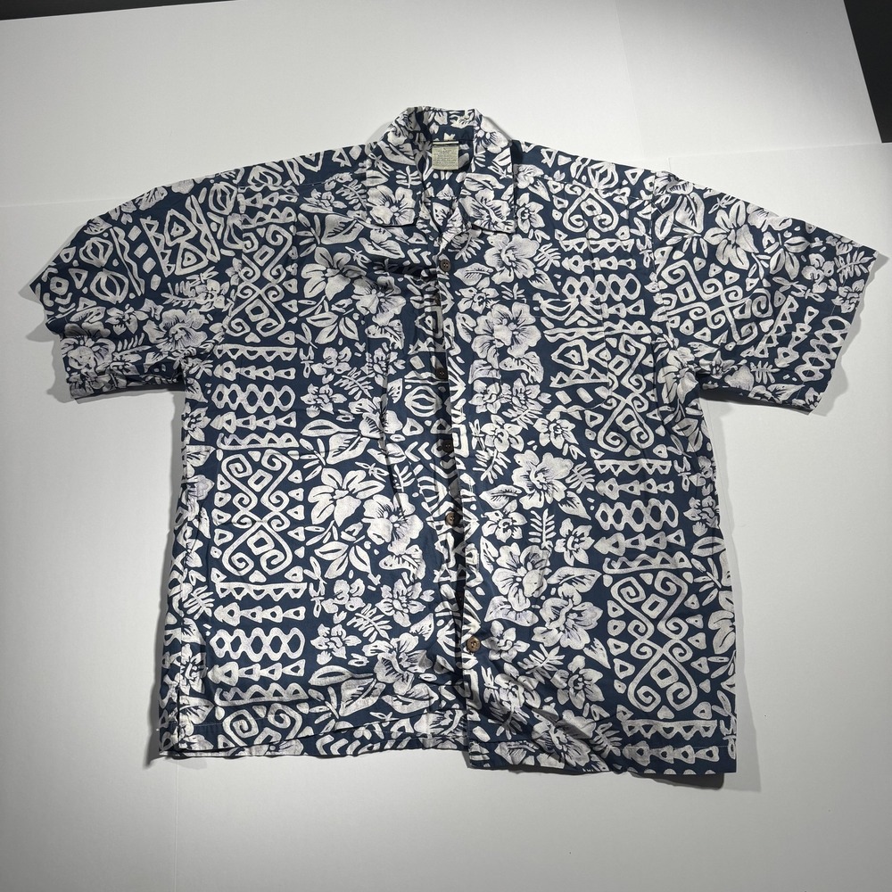 OP Hawaiian Shirt Mens Large Blue White Floral Geometric Retro Aloha Button Up